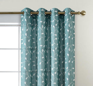 Floral Embroidered Semi-Sheer Curtains Faux Linen Grommet Curtains for Living Room 52 x 84 Inch 2 Panels Set, Teal