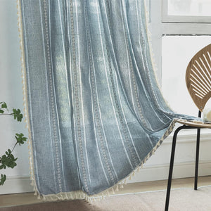 Semi-Blackout French Country Linen Embroidery Vintage Chic Tassels Hollow Window Treatment Bohemian Drape, 1 Panel 52" W x 84" L, Blue