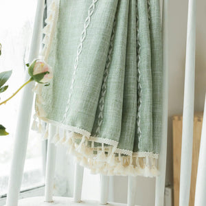 Cotton Linen Weighted Stripes Embroidery, Semi Blackout Bohemian Curtain Drape Tassels 1 Panel W52 x L84 Sage Green