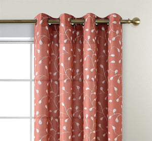 Floral Embroidery Semi Sheer Curtains Faux Linen Grommet Curtains, 52 x 84 Inch 2 Panels, Rust