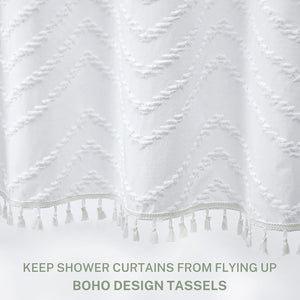 Boho Shower Curtain White Tassel Woven Farmhouse Textured Tufted Chevron Striped, 72 x 72 White