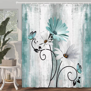 Farm Teal Daisy Floral Flowers and Butterfly on Country Wooden Shower Curtain, Turquoise Blue with 12PCS Hooks, 70X70IN