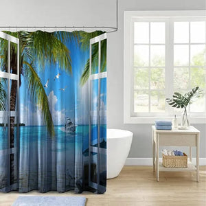 Beach Sunshine Shower Curtain Decorated with Fabric on Ocean Beach Coastal Seaside Seascape 12 Hooks Waterproof, 72 x 72 inches