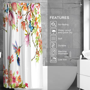 Hummingbird Shower Curtain for Bathroom with Hooks, Decorative Spring Summer Bath Curtain, 72 x 72 inches