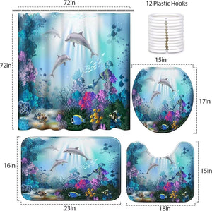 4Pcs Sea Dolphin Shower Curtain Sets with Non-Slip Rugs,Toilet Lid Cover and Bath Mat