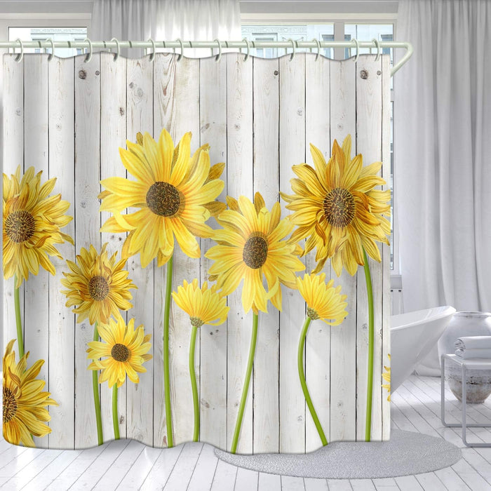 Waterproof Shower Curtains Sets for Bathroom Accessories with Oil Painting Sunflower White Wooden Decor, 71 x 72 inches