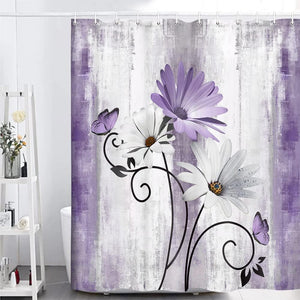 Rustic Farmhouse Shower Curtain, Farm Purple Daisy Floral Flowers and Butterfly Curtains with 12PCS Hooks, 70X70IN