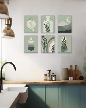 Green Boho Wall Art Mid-Century Modern Wall Decor Canvas 𝗙𝗿𝗮𝗺𝗲𝗱 Print Minimalist Botanical Abstract, 8"x10" Set of 6