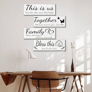 4 Pieces Wooden Home Wall Art Decor, Rustic, Farmhouse THIS IS US/TOGETHER/BLESS THIS HOME/FAMILY Decor Signs