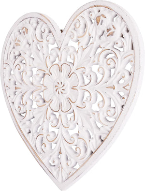 12" Heart-shaped Decorative Carved Floral-Patterned Distressed White Decor