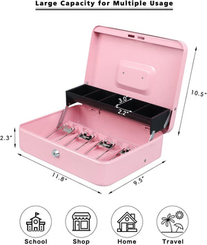 Cash Box with Money Tray and Key Lock,Tiered, Cantilever Design, Pink