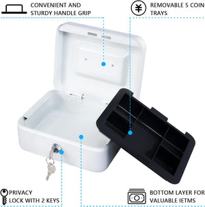 Medium Cash Box with Money Tray,Small Safe Lock Box with Key, White