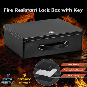 Fireproof Document Box with Key Lock,Safe Storage Box for Valuables, 12.8'' x 8.4'' x 4.5'' Black