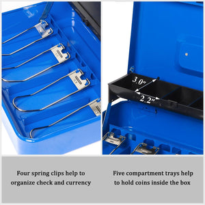 Locking Large Metal Cash Box with Money Tray, Lock Money Box with Key, Blue