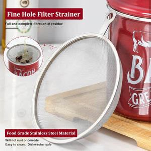 1.3L Bacon Grease Saver Container with Fine Strainer, Red Enamel & Stainless Steel Oil Keeper