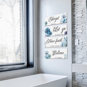 4 Pieces Blue Flower Wall Decor For Bedroom, Accept-Let go-Have faith-Believe Wooden Inspirational Wall Art