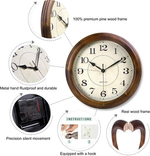 14 Inch Silent Wall Clock Large Decorative Battery Operated Non Ticking Analog Retro Clock