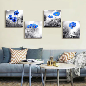 Simple Life Black and White Landscape Cyan Blue Flowers Wall Decor, 12" x 12" 4 Pieces Framed Canvas Prints