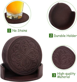 PU Leather Bar Beverage Coasters for Drinks Set of 6 with Holder