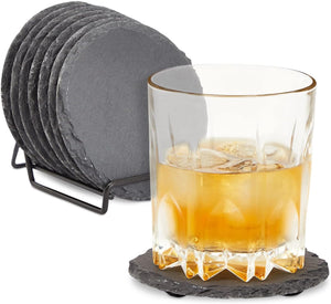 8 Pack Slate Drink Coasters with Holder for Coffee Table  (Black Stone, 3.8 in)