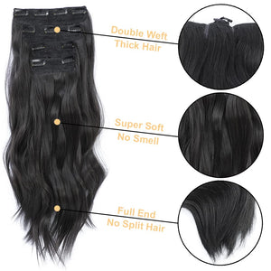 4PCS Clip in Hair Extensions 20Inch Black Long Wavy Hair, ynthetic Thick Hair Piece for Women(Black)