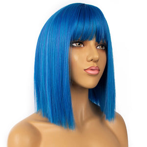 Synthetic Straight Hair Bob Cut Wig Shoulder Length Cosplay Wig for Girl Colorful Costume Wigs (Blue)