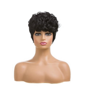 Natural Black Short Pixie Cut Wigs for Black Women Curly Hair Replacement With Bangs (Natural Black #1B)