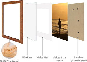 8x10 Picture Frame Brown Set of 4 - Solid Wood Frames With Real Glass and 5x7 Mat