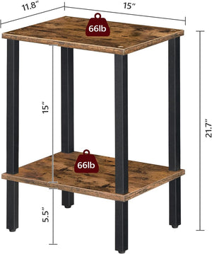 2-Tier End Table with Storage Shelf, Narrow Nightstand for Small Space, Rustic Brown