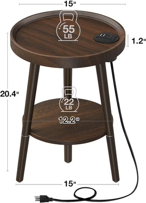 End Table with Charging Station, Round Side Table with Storage Shelf, Brown