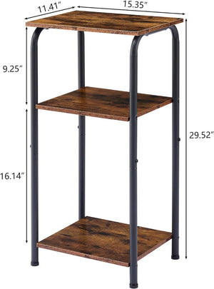 3 Tier 30 Inch Narrow Side Table with Storage Shelves with Metal Frame, Rustic Brown