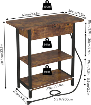 Narrow End Table with Charging Station, Slim Couch Side Table with USB Ports & Outlets, Brown