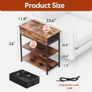 Narrow Side Table with 2 USB Ports and 2 Outlets, Flip Top End Table with Drawer