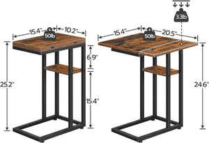 C Shaped Side Table with Storage Shelf, Small Snack Table, Rustic Brown