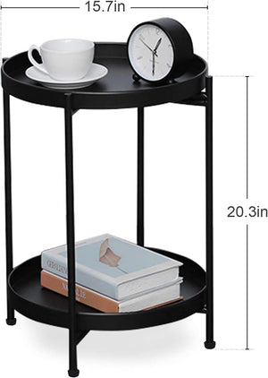 Black Folding End Table 2-Tier Metal Round Side Table with Removable Tray for Living Room,(15.2”Dx20”H)