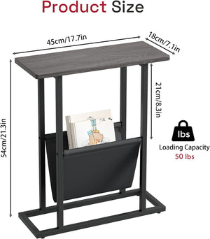 Slim End Table Magazine Table Nightstand with Storage Holder, Accent Skinny Snack Couch Bedside Table, Grey