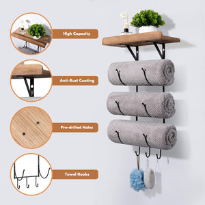 Bath Towel Holder Storage Hand Towels w/Wood Shelf and 3 Hooks for Small Bathroom Organizer Decor or RV Camper, Black