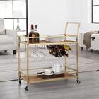 2-Layer Bar Serving Cart with Wine Rack and Glass Holder Wheeled Metal Frame