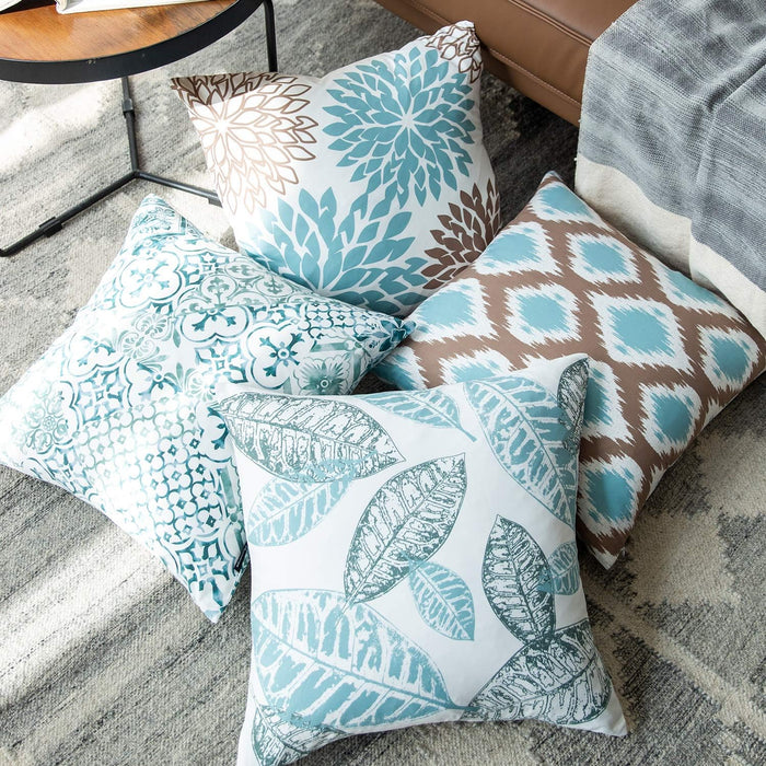 Set of 4 New Living Series Leaf Geometric Blue and Coffee Throw Decorative Pillow Cover Cushion Cover 18 x 18 inches
