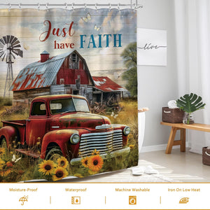 Rustic Farmhouse Shower Curtain 60Wx72L Inches Retro Red Truck Positive Quote Vintage Sunflowers