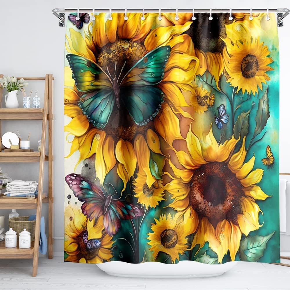 Big Yellow Sunflower Shower Curtain with Hooks Summer Waterproof Floral Decorative Bathroom Curtain Set, 72"x72" Seamless