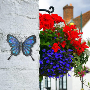 Metal Butterfly Wall Decor Glass Outdoor Wall Art Sculpture Hanging Garden Decorations Blue for Home Garden