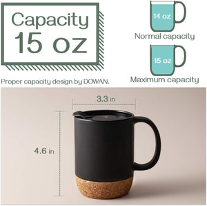 Set of 2 15 OZ Coffee Mug with Cork Bottom and Splash Proof Lid, Ceramic Mug with Large Handle, Black