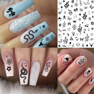 6 Sheets Self-Adhesive Snake Heart Moon Star Nail Art Sticker Decals, Abstract Lady Face Nail Stickers