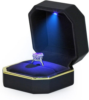 Square Velvet Wedding Ring Case Jewelry Gift Box with LED Light for Proposal Engagement Wedding, Black