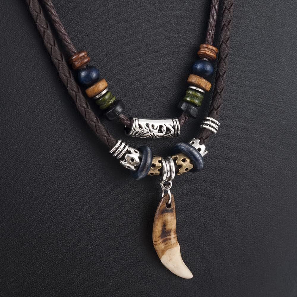 Braided Leather Necklace Vintage Style Double Layers Black Tribal Necklace with Charm Cross Pendant, Teeth