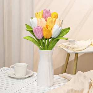 10PCS Crochet Tulip Flower Knitted Bouquet Faux Tulips for Home Office Wedding Decor, Yellow