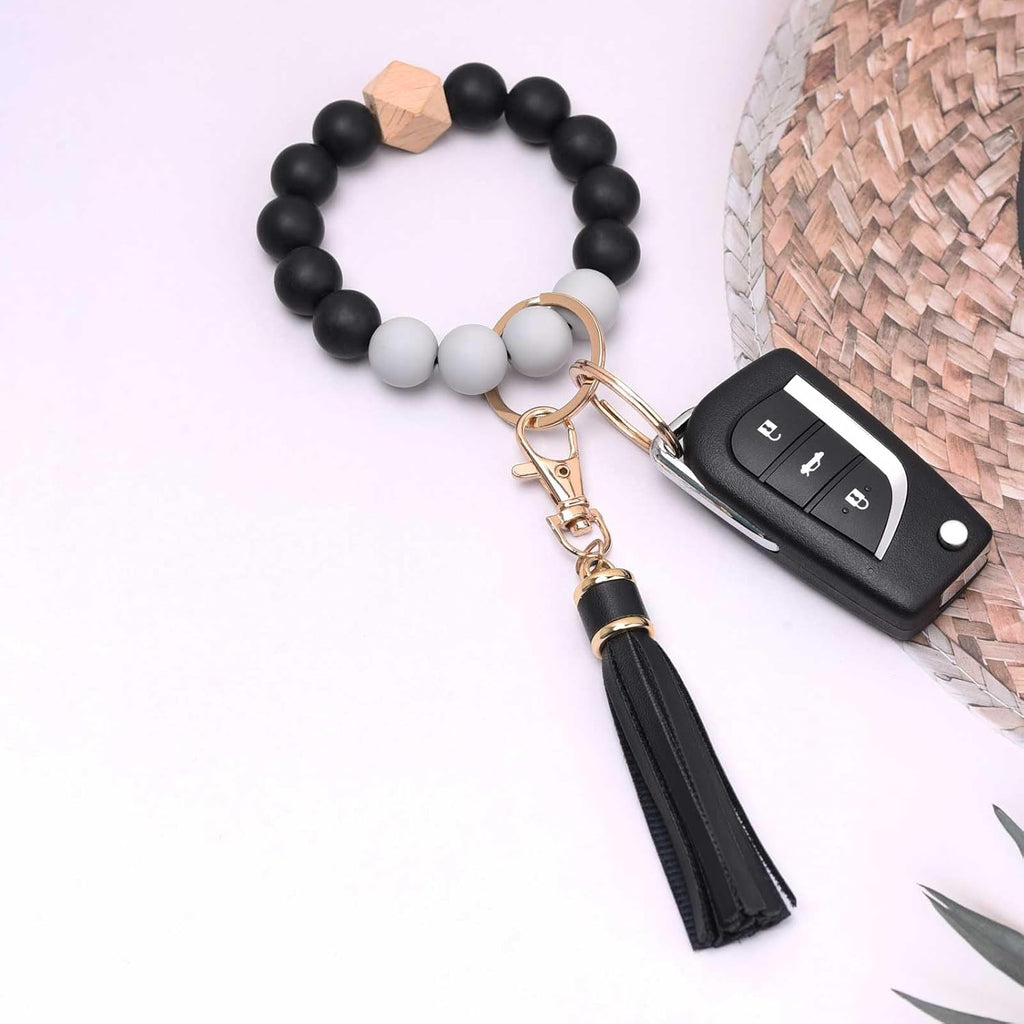 Silicone Beaded Bracelet Keychain Wristlet Key Ring Bangle Chains for Women with Leather Tassel, Black