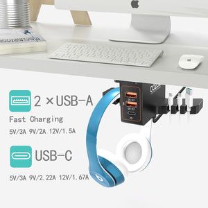 Headphone Stand with USB Charger Under Desk Headset Holder Mount with 3 Port USB Charging Station (20W PD & QC3.0 )