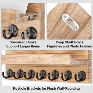 Key Holder Wall Mount, Entryway Key and Mail Holder with 7 Sturdy Hooks with Mounting Hardware, 15”W x 6.7”H x 4.2”D (Wood)